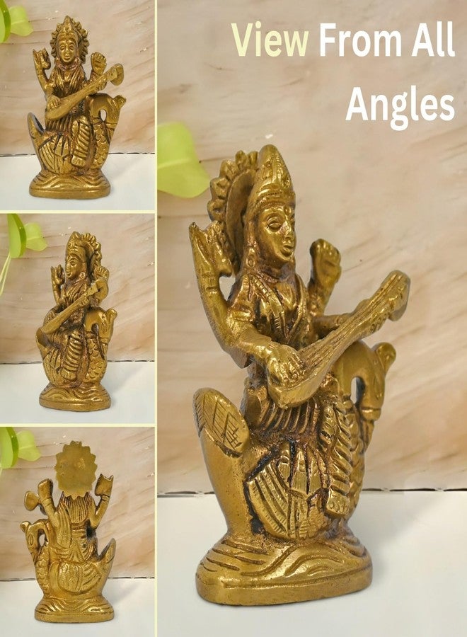 CRAFTHUT ELITE CRAFTHUT Brass Maa Saraswati Idol - 3Inch (275g) Goddess of Knowledge & Music Statue Sitting on Hans for Temple & Gift - Image 2